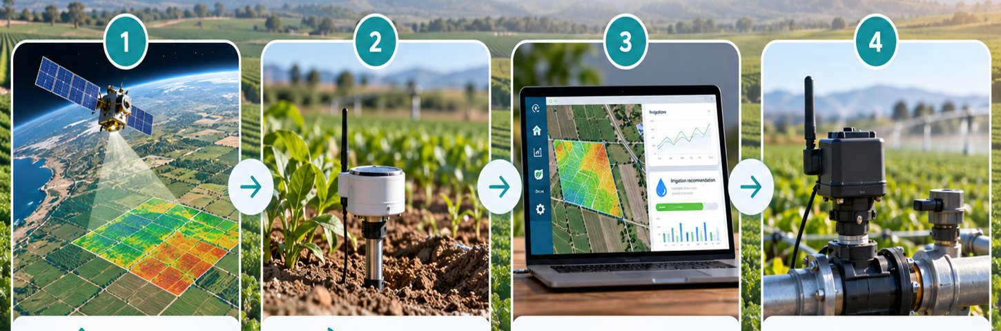 Concept illustrations showing satellite imagery, soil moisture monitoring, analytics and smart irrigation control